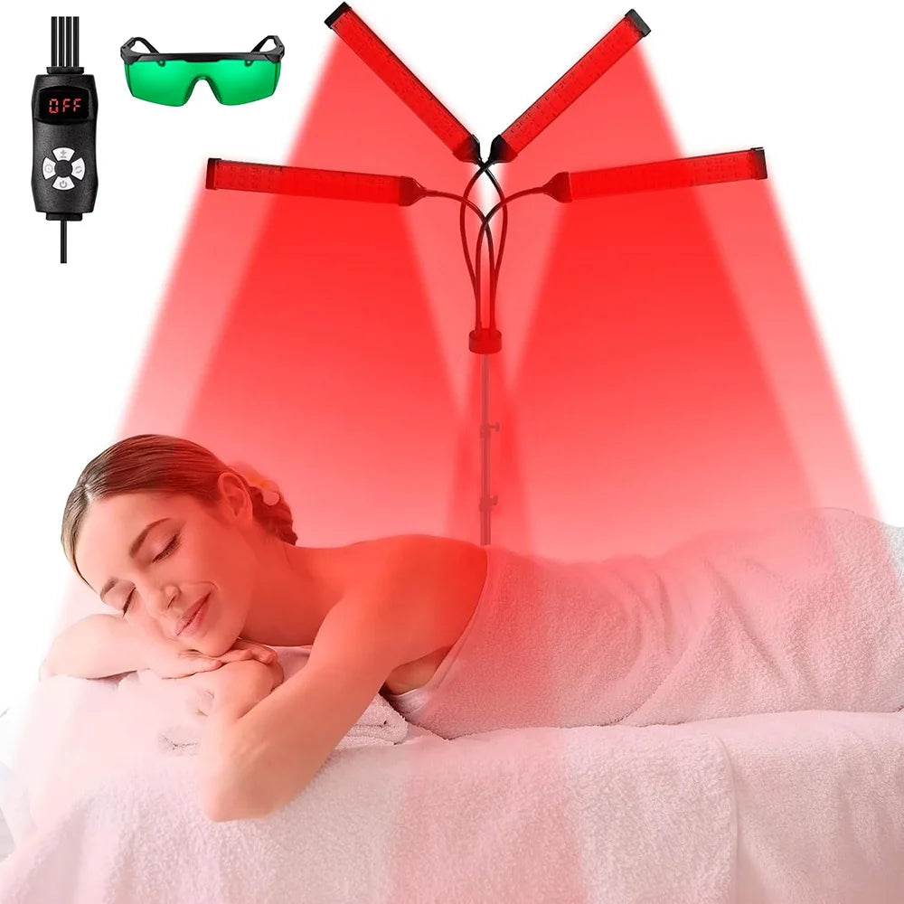 Woman receiving red light therapy from adjustable LED panel setup, includes protective glasses and remote control